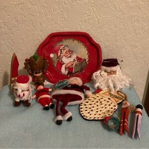 Lot of 9 Vintage Christmas Ornaments plus 1 Mini Metal Santa Tray.